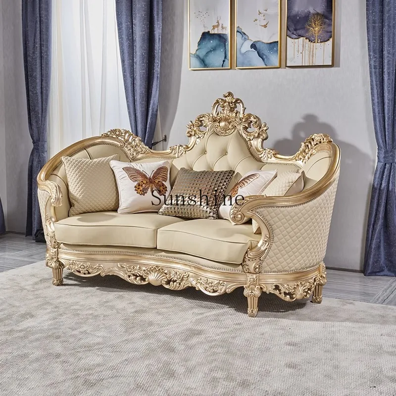 Villa high-end solid wood, living room combination, French court style retro carved leather art leather sofa
