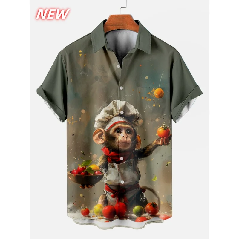 

Fox Bear Pattern Hawaiian Shirt Men Monkey 3D Printed Short Sleeve Blouse Casual Vacation Beachwear Button Loose Aloha Shirts