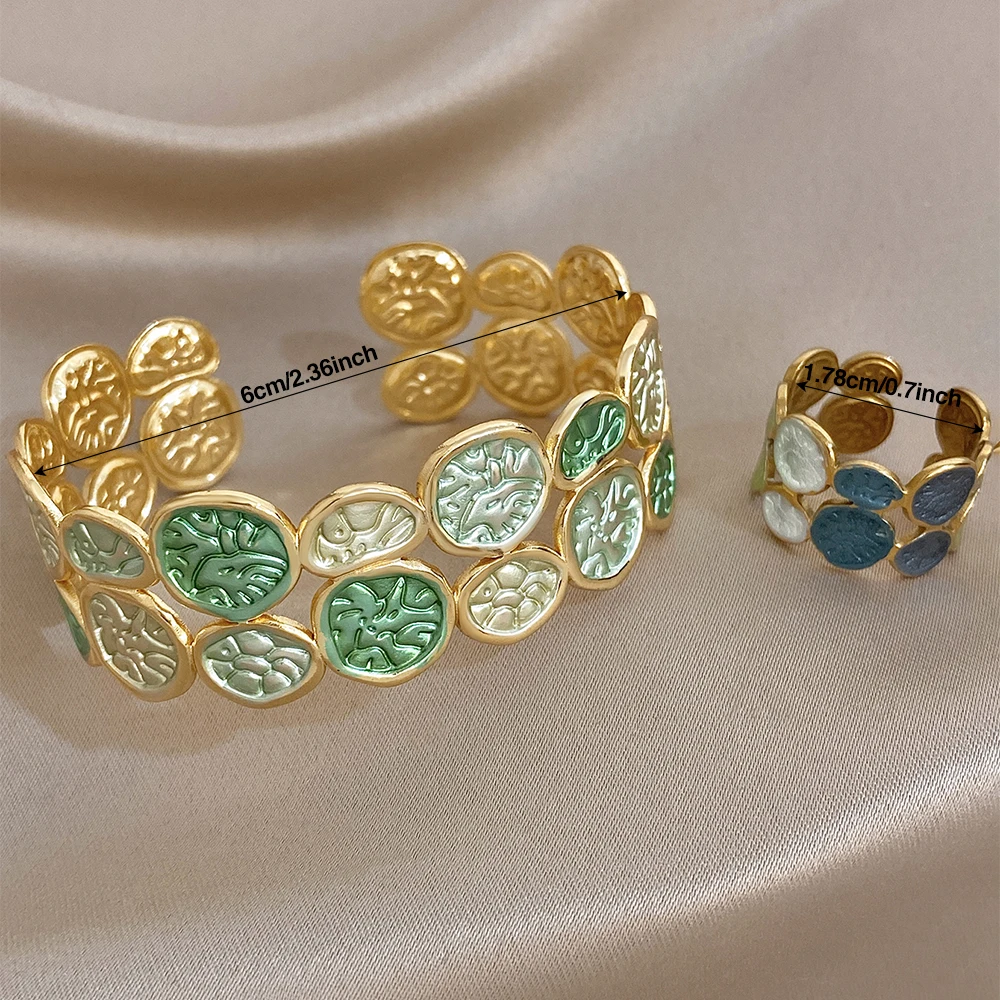 Retro Gold Plated Stainless Steel Cuff Bangle Ring Delicate Green Enamel Leaves Patchwork Wide Open Rings Bracelets Jewelry Gift