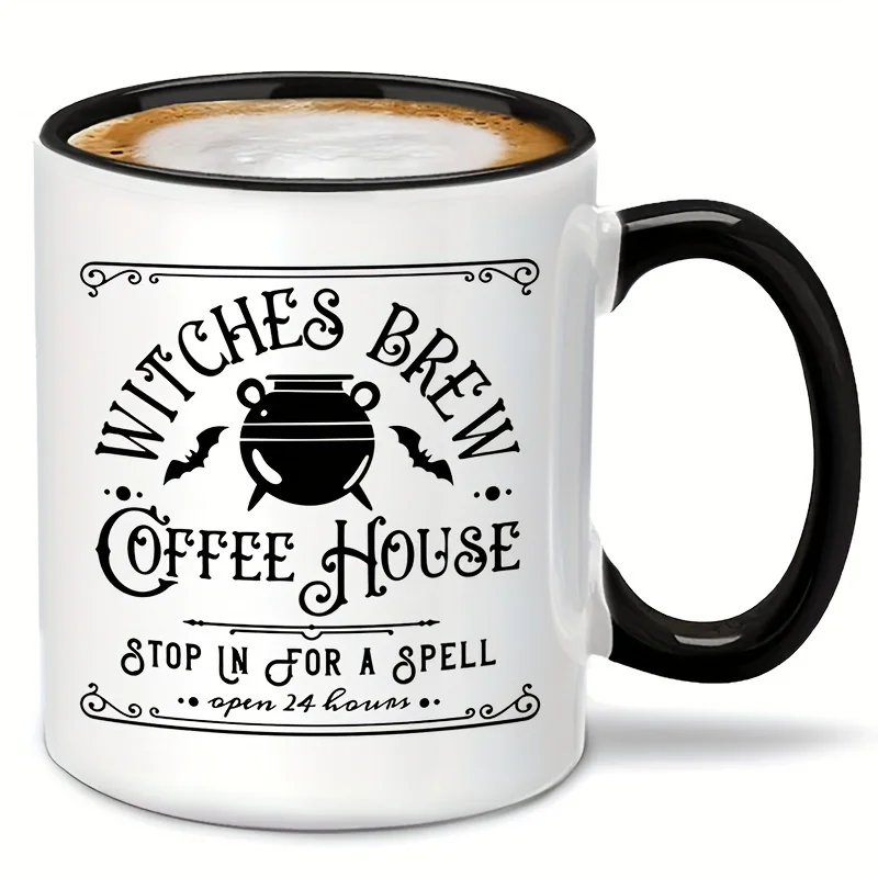 A Ceramic Coffee Mug Designed for Halloween Showcasing A Witches Brew Motif Along with A Witch'S Hat and Broomstick This Fun