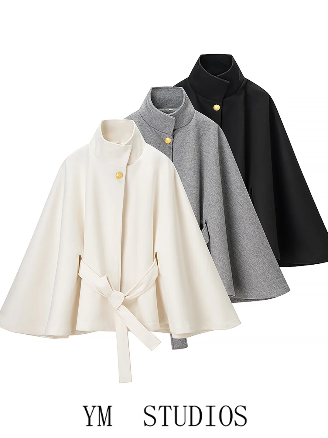

Elegant Short Woolen Coat Women's Fashionable Cowl Neck Bell Sleeve Suit Simple Style Warm Polyester Fiber Nine Points Sleeve