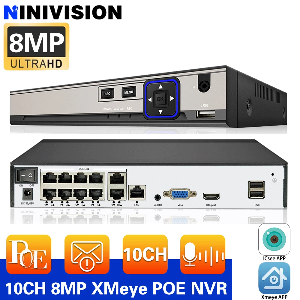 

NINIVISION CCTV POE NVR 10-канальный NVR Обнаружение лиц 8-канальный NVR 1HDD 8/10 PoE Порт Сетевой видеорегистратор Защита по периметру