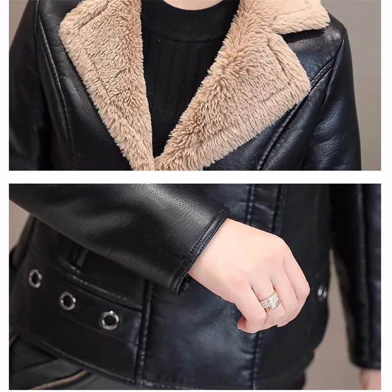 Autumn Winter Women\'s Add Velvet Leather Coat Korean Thick Short Motorcycle Jacket Female Lambswool Fur Leather Zipper Outwear