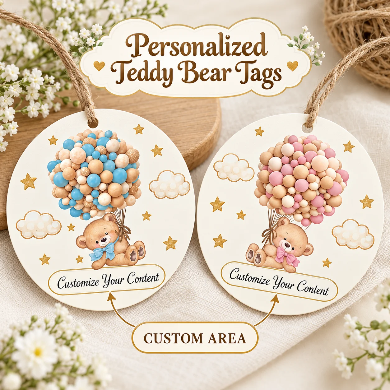 Customized Round Bear-Shaped Balloon Tags, Available in Pink and Blue, Can Be Customized with Names, Dates, and Messages, Suitable for Baptism Celebrations, Birthday Parties, Candy Bags, and Gift Packaging, Adding a Unique Sense of Ceremony to Every Gesture of Kindness