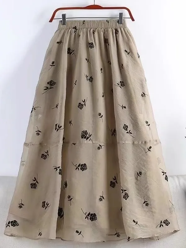 

Retro Print Patchwork A-Line Skirt Women's Summer Ele Versatile Elastic Waist Long Slimming High Waist Midi Skirt