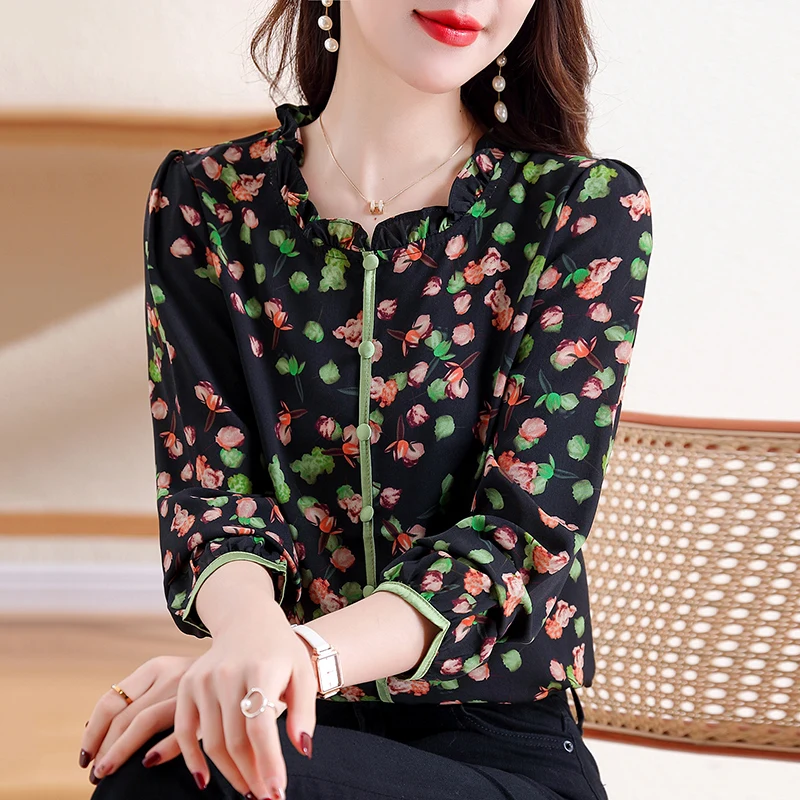 Women Summer Autumn Style Chiffon Blouses Shirt Ladies Chic Ruffles Collar Printed Casual Loose Tops Fashion Blusas Mujer 2024