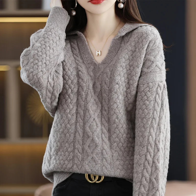 

New Autumn And Winter Women's Lapel Pullover Off-The-Shoulder Wool Sweater Loose Fashion Twisted Sweater Bottoming Shirt