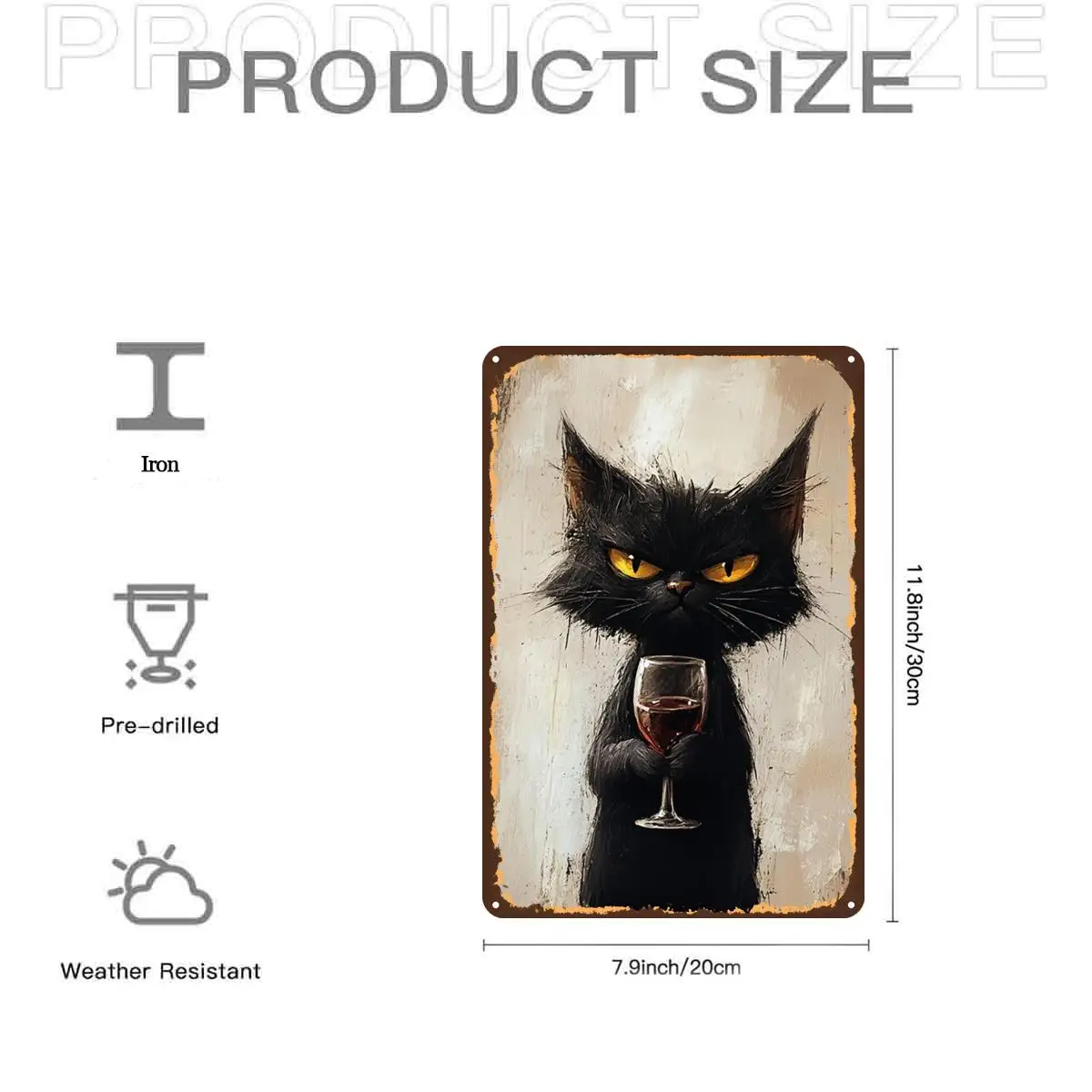 Angry Black Cat Holding Wine Glass Art Print Metal Iron aluminum Sign, Pre-Drilled Holes, Suitable for Indoor, Garden, Outdoor