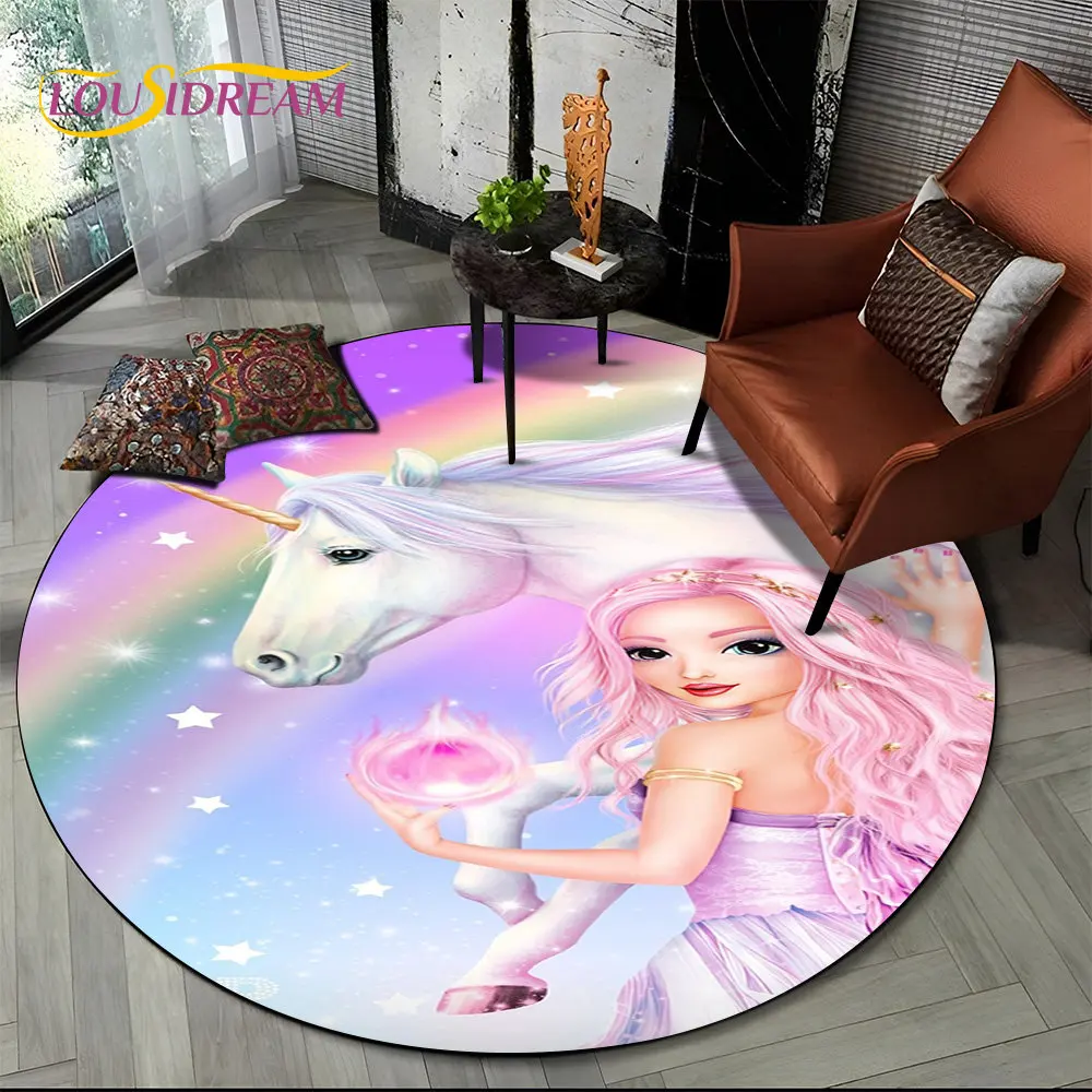 3D Cartoon Unicorn Animal Round Area Rug,Circle Carpet Rug for Living Room Children\'s Bedroom Sofa Decor,Kid Non-slip Floor Mat