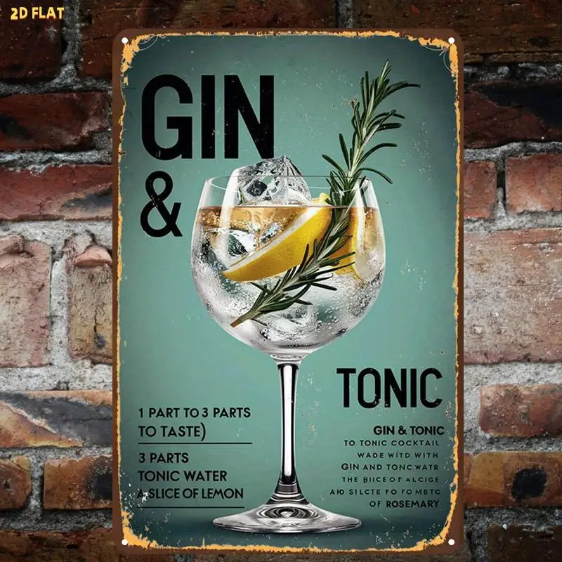 2D Flat, 1pc, Funny Retro Gin Tonic Cocktail Metal Iron Sign, Pre-Drilled Holes, Suitable for Indoor, Garden,Toilet Decoration