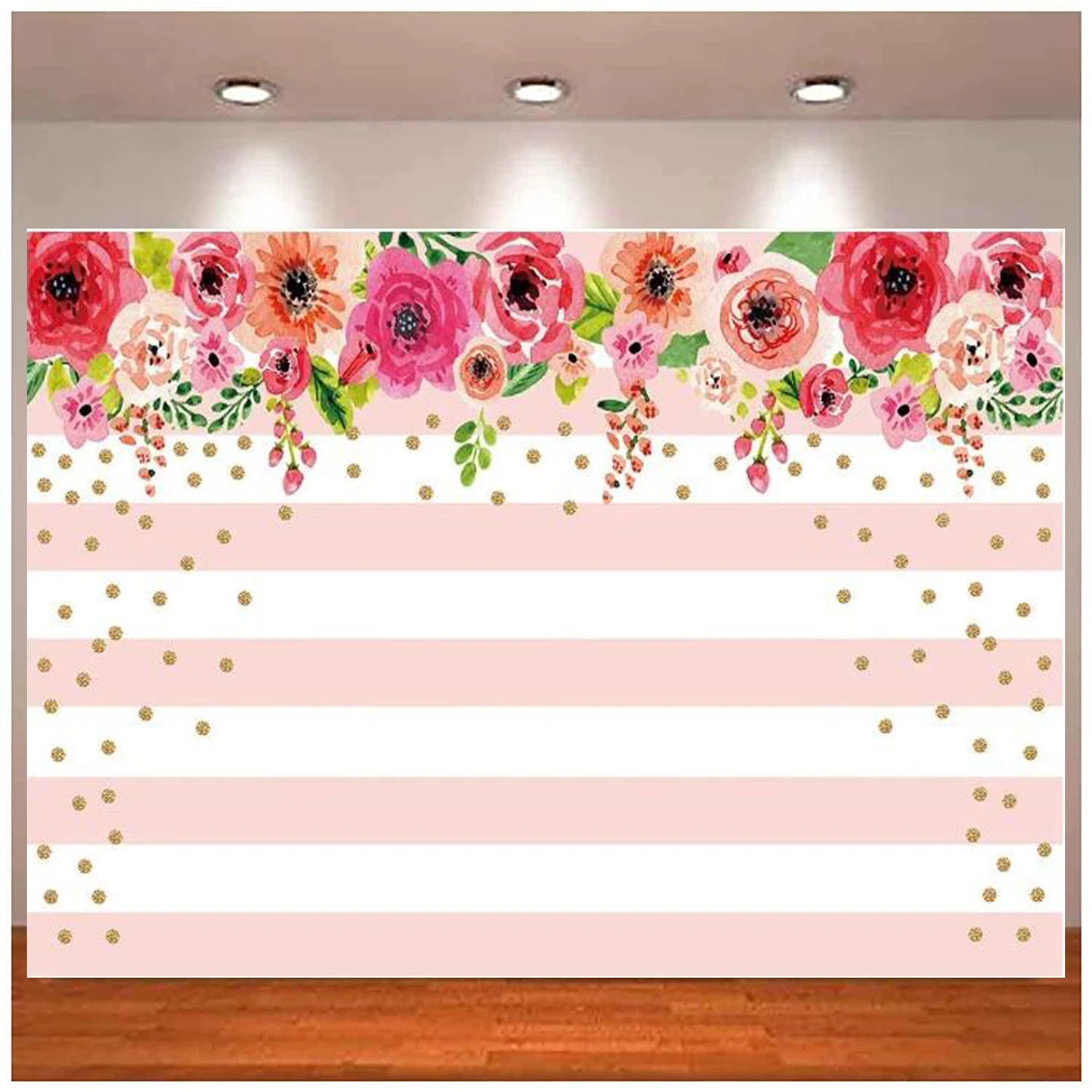 Pink and White Stripes Flowers Party Photography Backdrop Floral Rose Birthday Background Gold Sprinkle Bridal Shower Decoration