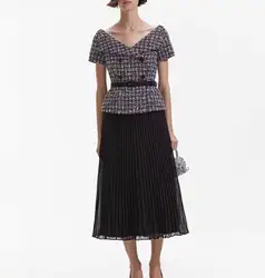 Black and white checkered small fragrant style fake two-piece chiffon pleated dress