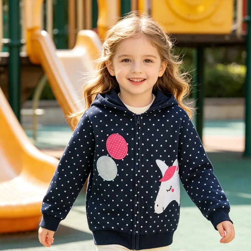 Little Hand Toddler Girls Cute Unicorn Hoodie Full‑Zip Long‑Sleeve Polka Dot Casual Outerwear Jacket for Kids Aged 2‑7Y
