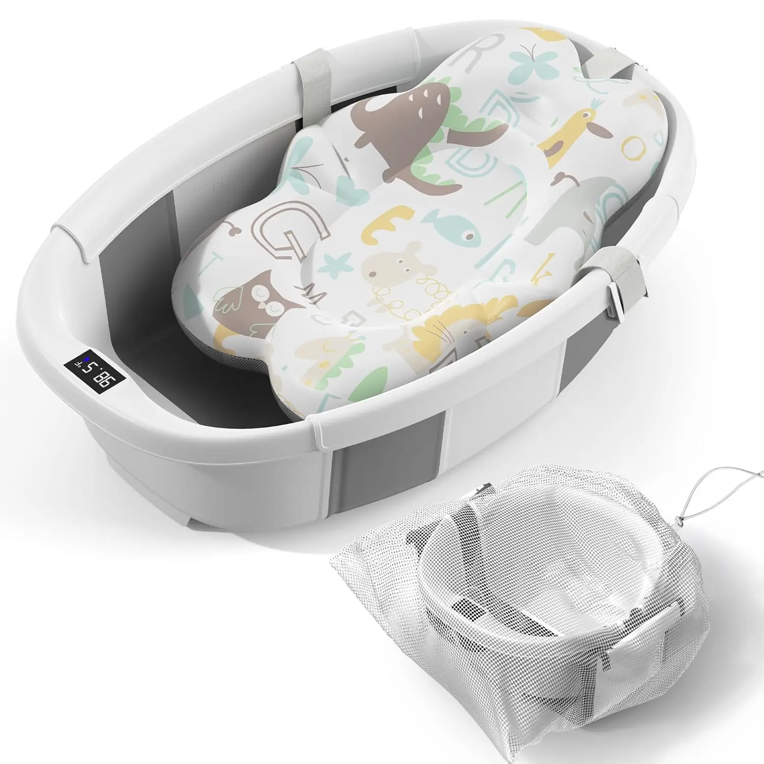 Collapsible Baby Bathtub with Thermometer & Cushion, Portable Foldable for Newborn to 36 Months in Grey