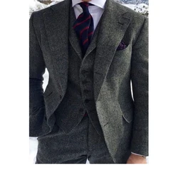 Smoking da sposa grigio 3 pezzi bavero dentellato due bottoni Tweed a spina di pesce abiti da uomo formali su misura Peaky Blinders sposo