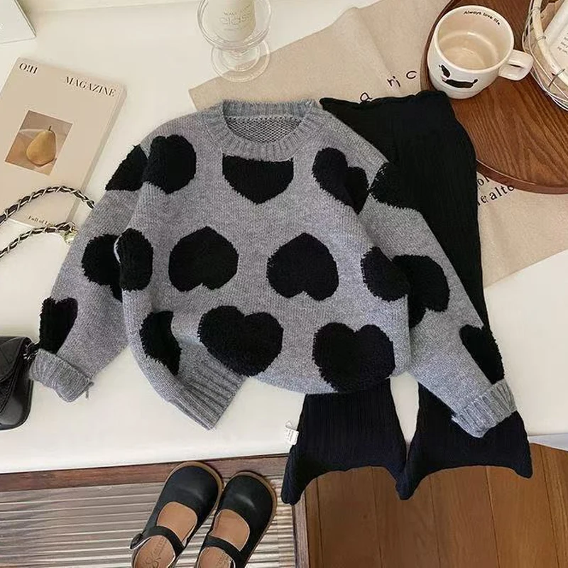 Spring Autumn Winter Girls Sweater Heart-shaped Print Long Sleeved Knitted Top For 2 3 4 5 6 8 Years Warm Woolen Sweater  125