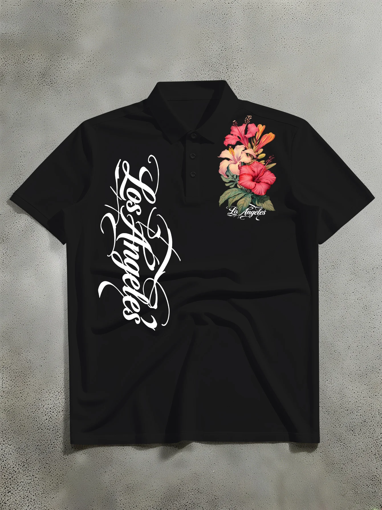 New Unisex Short Sleeved Polo Shirt with American Street Style Floral and City Name Art Print Polo