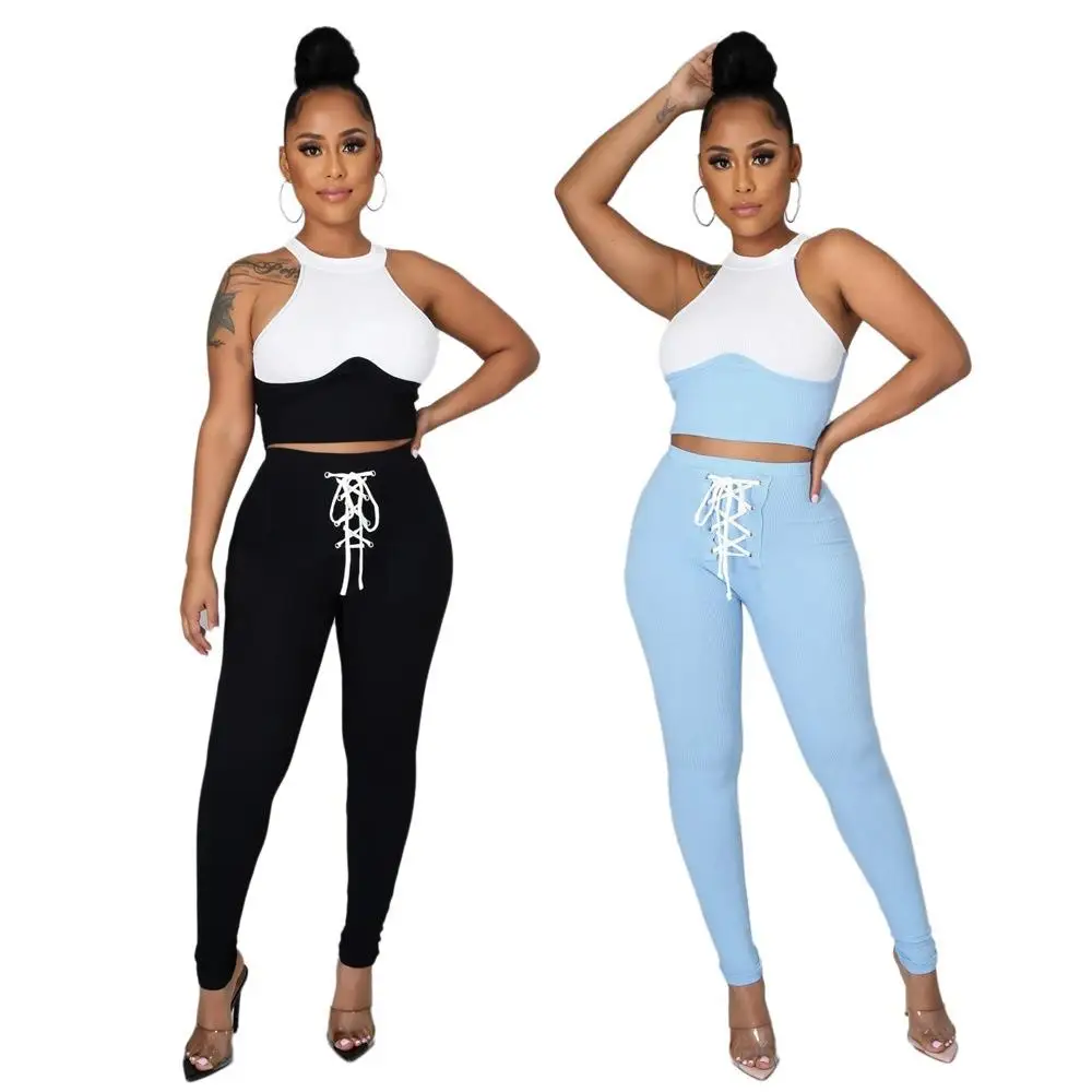 

Color Block Tight Fit Top And Bottoms Set Elegant Style Sleeveless Winter Fashion Women's Ensemble Long Pants Pure Color Pattern