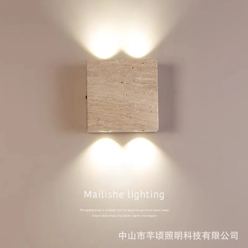 

Japanese cream wabi wind bedroom bedside wall lamp yellow travertine living room corridor entrance villa staircase background