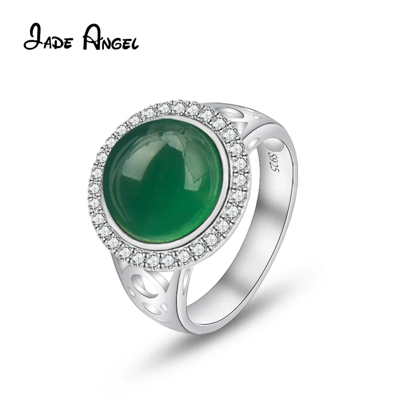 

JADE ANGEL 925 Sterling Silver Rings for Women With 11mm Round Green Chalcedony Trendy Vintage Jewelry for Party Anniversary