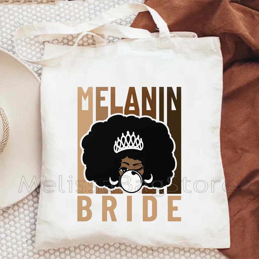 Melanin Poppin Afro Queen Magic Black History Month Woman Sista African American Canvas Shoulder Tote Bag Cotton Shopper Handbag