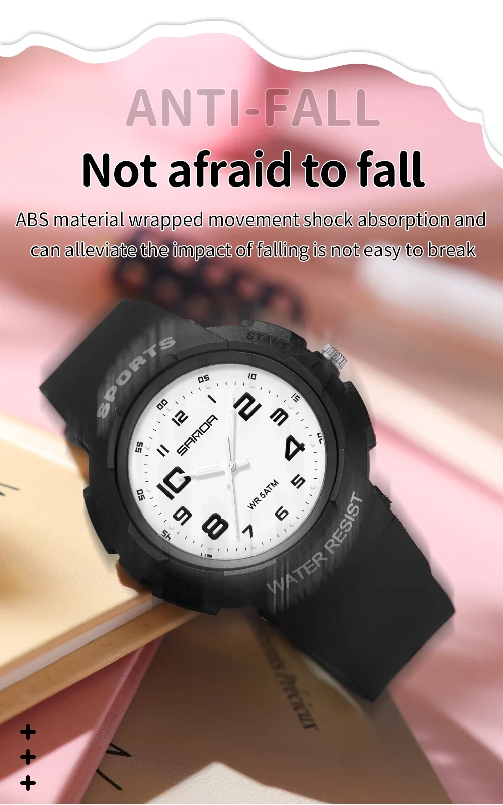Sanda Trendy Design Soft Student Watch TPU Strap 50M Depth Waterproof Quartz Movement Children Fashion Sports Wrist Watch