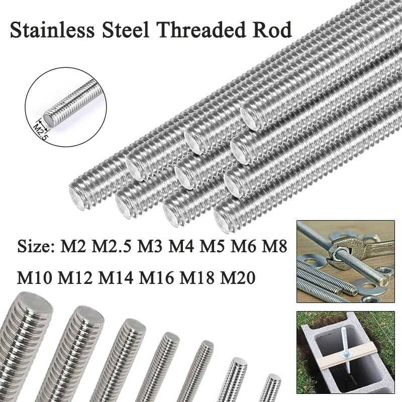 250/300 mm 304 Edelstahl Vollgewindestange Bolzen M2 M2,5 M3 M4 M5 M6 M8-M20 Kopflose Bolzen Gewindebolzen Stangen Schrauben