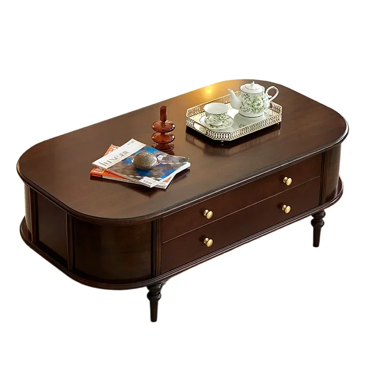 

French retro coffee table all solid wood pure log walnut oval coffee table American living room small