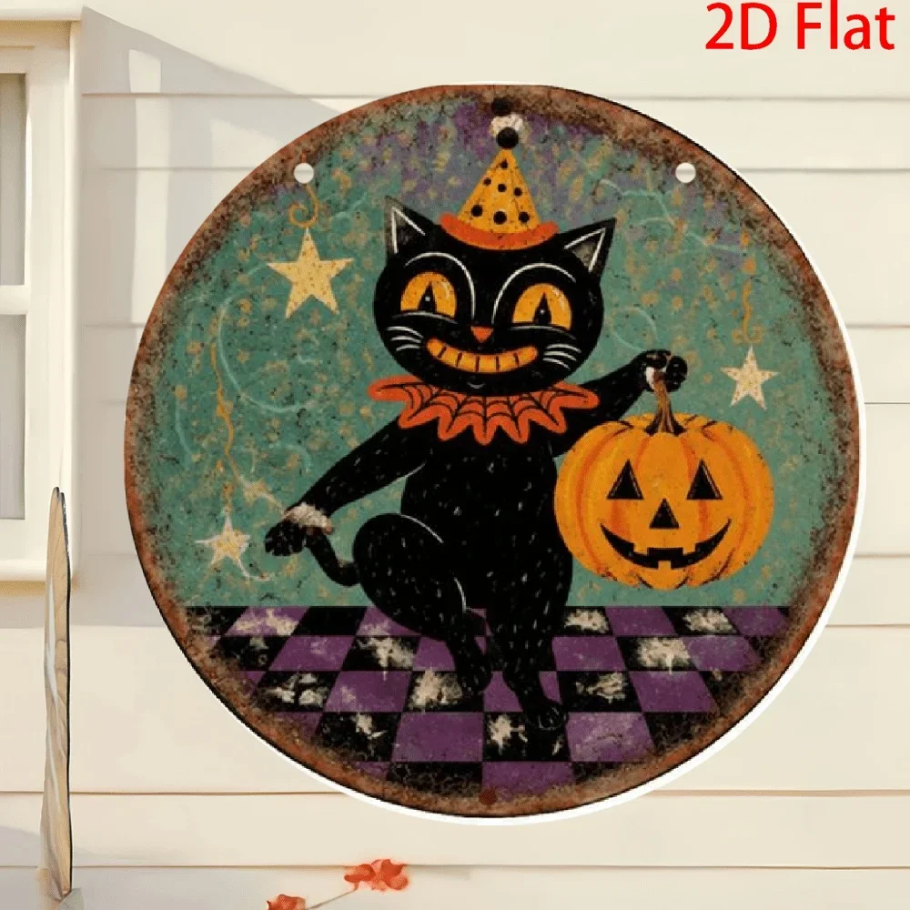 2D Flat, 1pc 2D Printed Carnival Themed Black Cat Halloween Wooden Sign, Quick Installation, Multi-functional Outdoor Wall Hangi