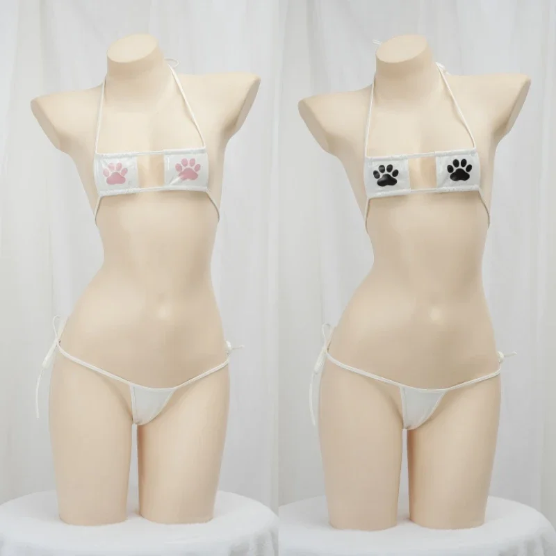 

Anime Pu Leather Mini Square Bikini Set Cat Paw Printed Cute Swimsuit Sexy Girl RolePlay Underwear Swimwear See Through Lingerie