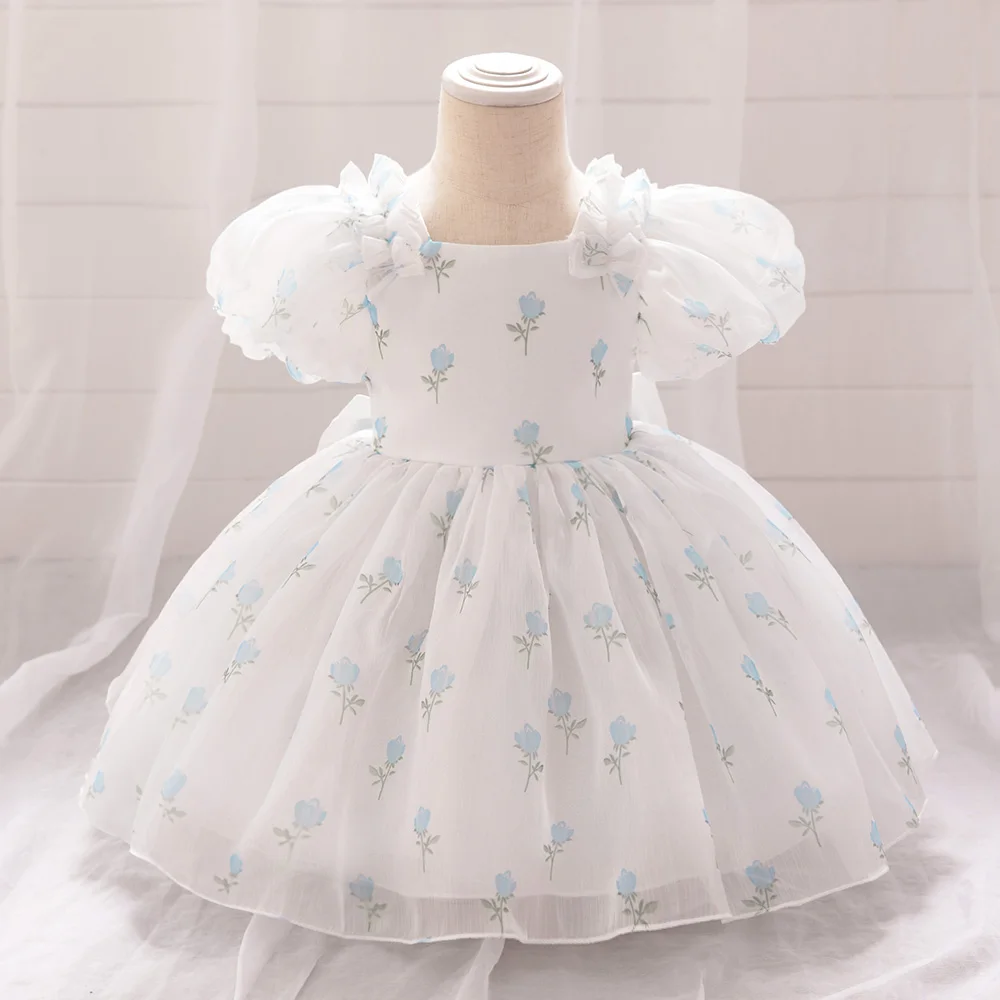 Baby Girl Flower Dress Fairy Bow Short Sleeves Princess Prom Dresses for Girls Birthday Party Kids Clothing Summer Weddidng Gown