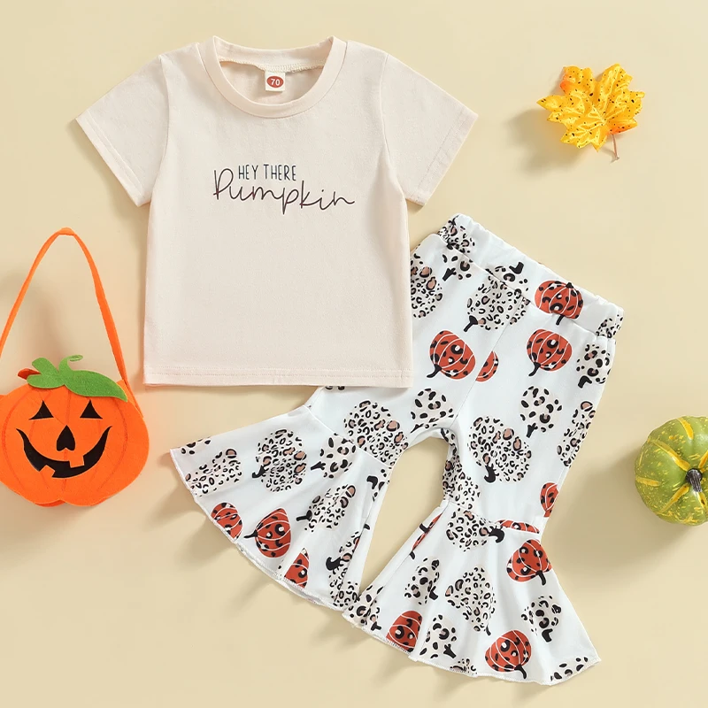 

Adorable Baby Girl Halloween Costume Short Sleeve Pumpkin Print Top and Leopard Flare Pants Set for Summer Outfit