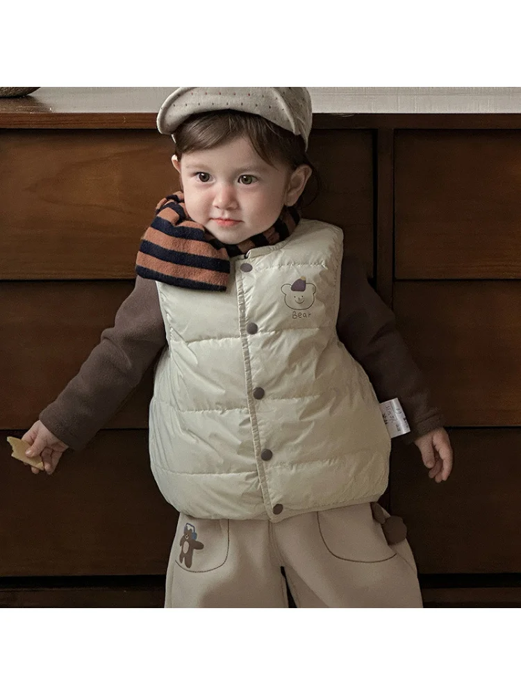 سترة للأطفال الرضع والأطفال الصغار قابلة للعكس مطبوع عليها رسوم كرتونية سترة بدون أكمام على طراز 90 سترة للأولاد من ريش البط الأبيض #6