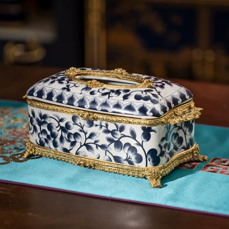 Blue And White Floral Porcelain Tissue Box Cover Rectangle Luxury Ceramic Tissue Box Holder With Brass Decor Feet For Home Table