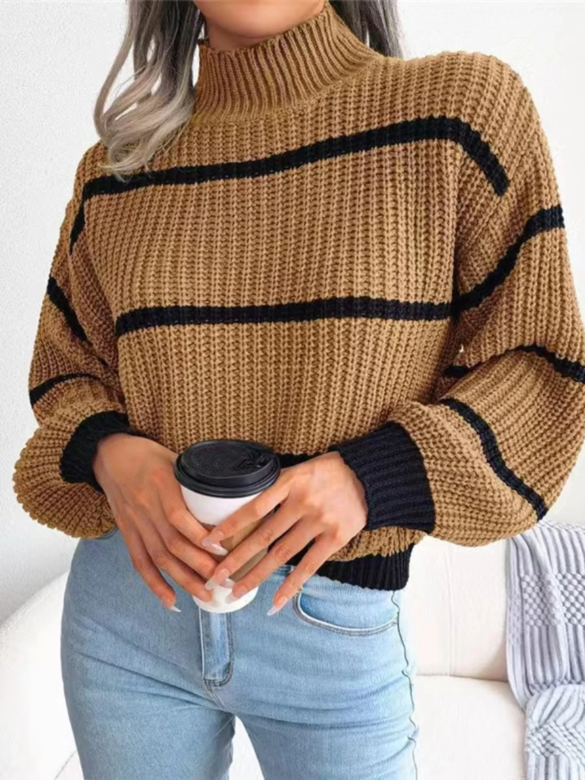 

Casual High Collar Loose Long Sve Knitted Sweater Women's Autumn Winter Stripe Street Sle Comfortable All Match Knitwear