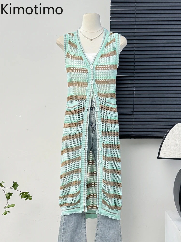 Kimotimo French Vintage Color Contrast Striped Knit Vest Dress Women Summer Casual Sleeveless Single Breasted Slim Long Dresses