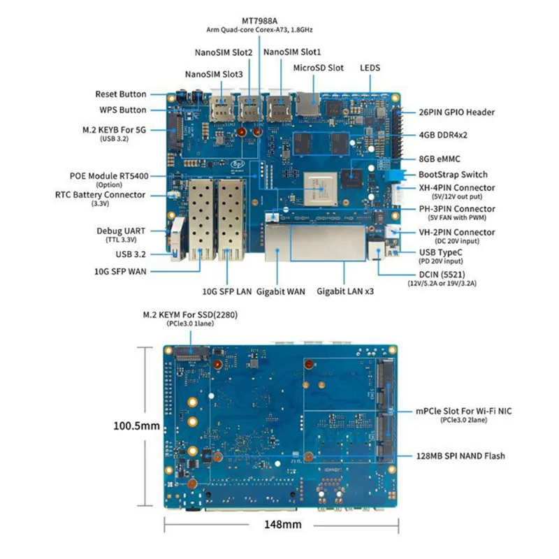 For Banana Pi BPI-R4 Mediatek MT7988A Quad-Core Arm Cortex-A73 4GB DDR4 8GB EMMC Smart Router Board Durable-X64A