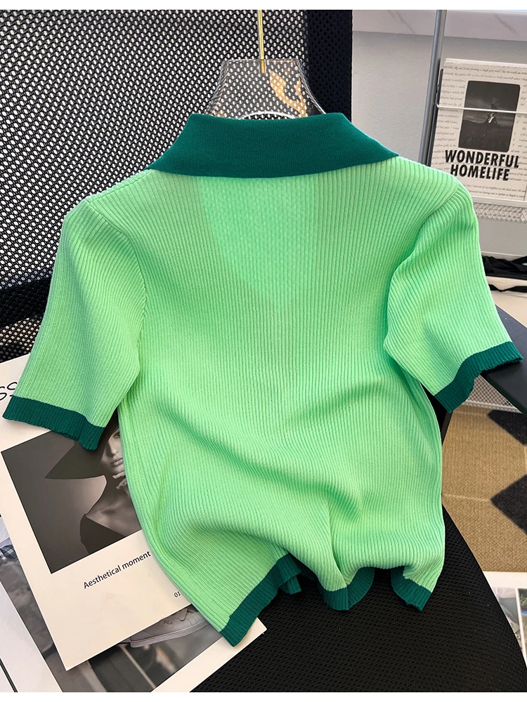 

Korean Retro Women Green Patchwork Short Sleeve Festival Knit T Shirt Spring Summer Single Breasted Office Lady Tops Trendy 2025