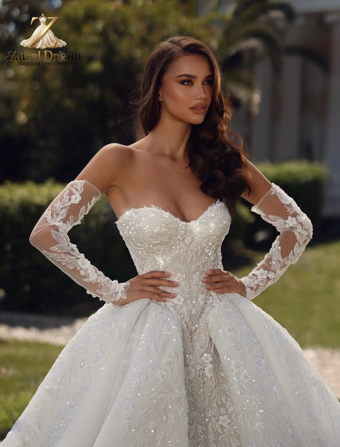 Customzied Luxury Off Shoulder Ball Gown Wedding Dress Sweetheart Lace Long Sleeves Princess Bridal Gown Vestido De Novia