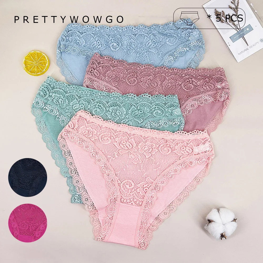 

5 Pcs Transparent Lace Briefs Women Cotton Low Rise Ladies Panties