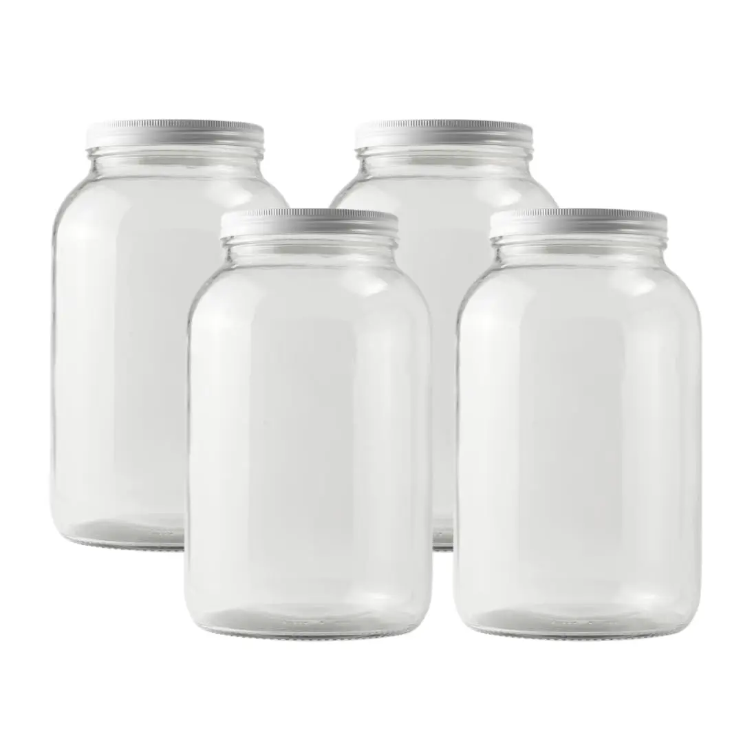 Pack of 4 One Gallon Wide Mouth Jar with White METAL Airtight Lid, 4 Glass Jars with 4 Fermentation Lids, Ideal Glass