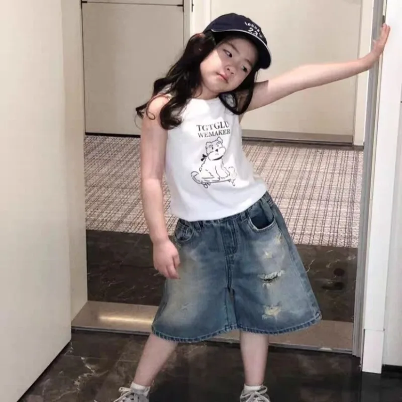 Girl's Stylish Ripped Denim Mid Rise Pants 2026 Spring Summer Loose Fit Kids Casual Wear