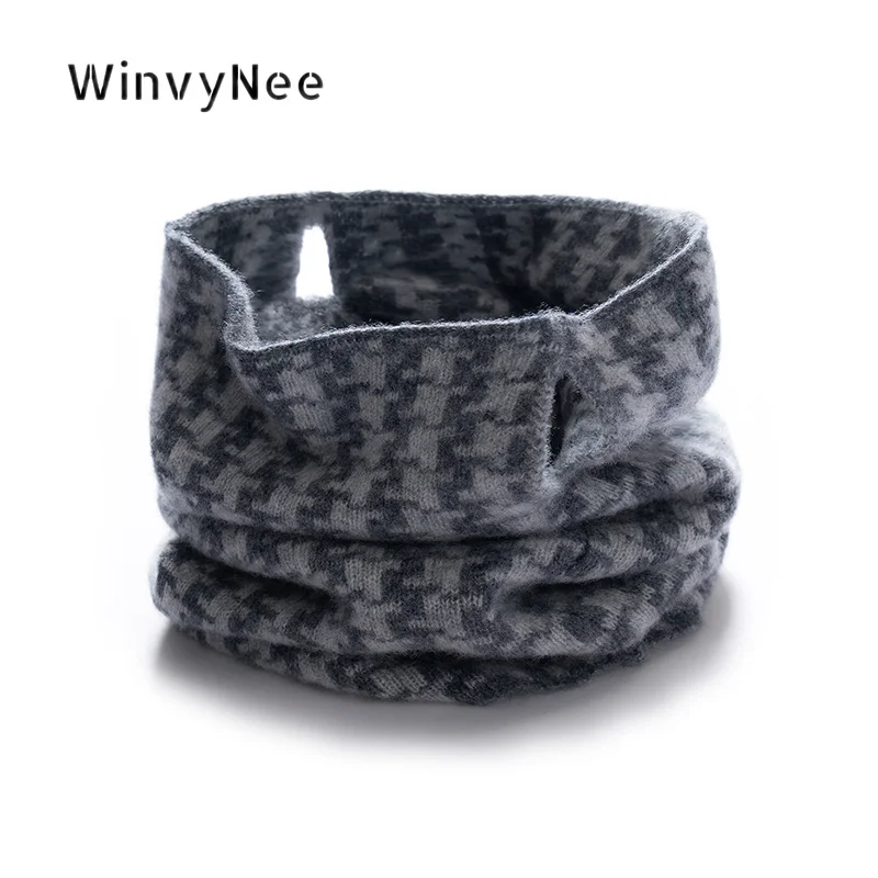 WinvyNee Women 100% Wool Houndstooth Ear Loop Neck Gaiter Knit Snood Cozy Heat Retain Windproof Soft Autumn Winter Wrap G1883017