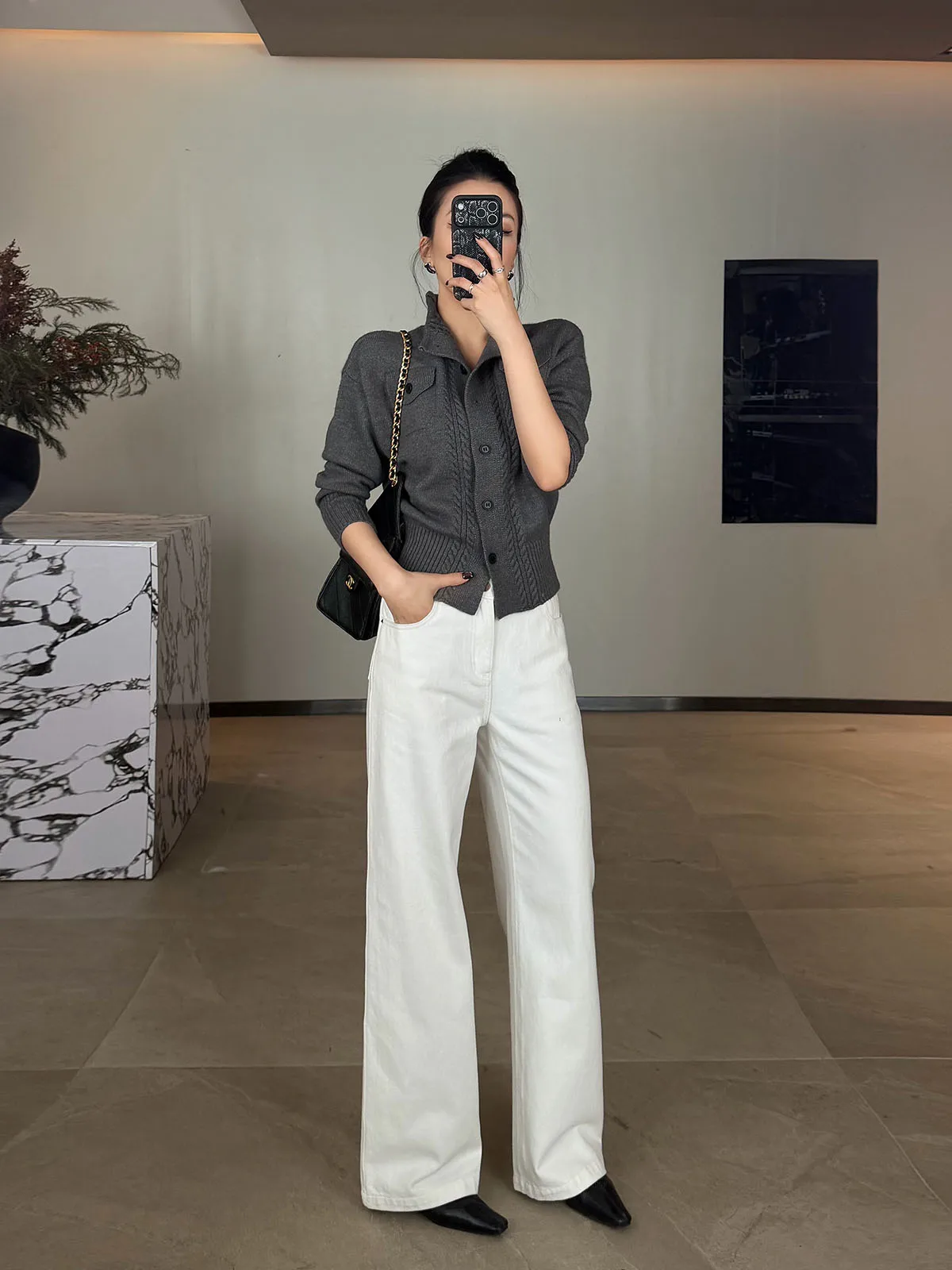 

Elegant High Waist Straight Leg White Jeans Casual Style Autumn Winter Flared Pants Slimming Wide Leg Trousers Commute