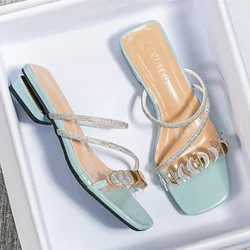 Lady Microfiber 3cm Low Heels Shoes Novelty Luxury Diamond Fashionable Slippers Pumps Summer Blue Black Wide Fits 43-35 Slides