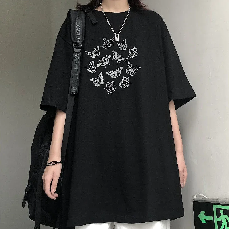 Kawaii Gothic Vintage Women T Shirt Cute Butterfly Print Harajuku Y2K Black Short Sleeve Oversized T-shirt Casual Aesthetic Tops