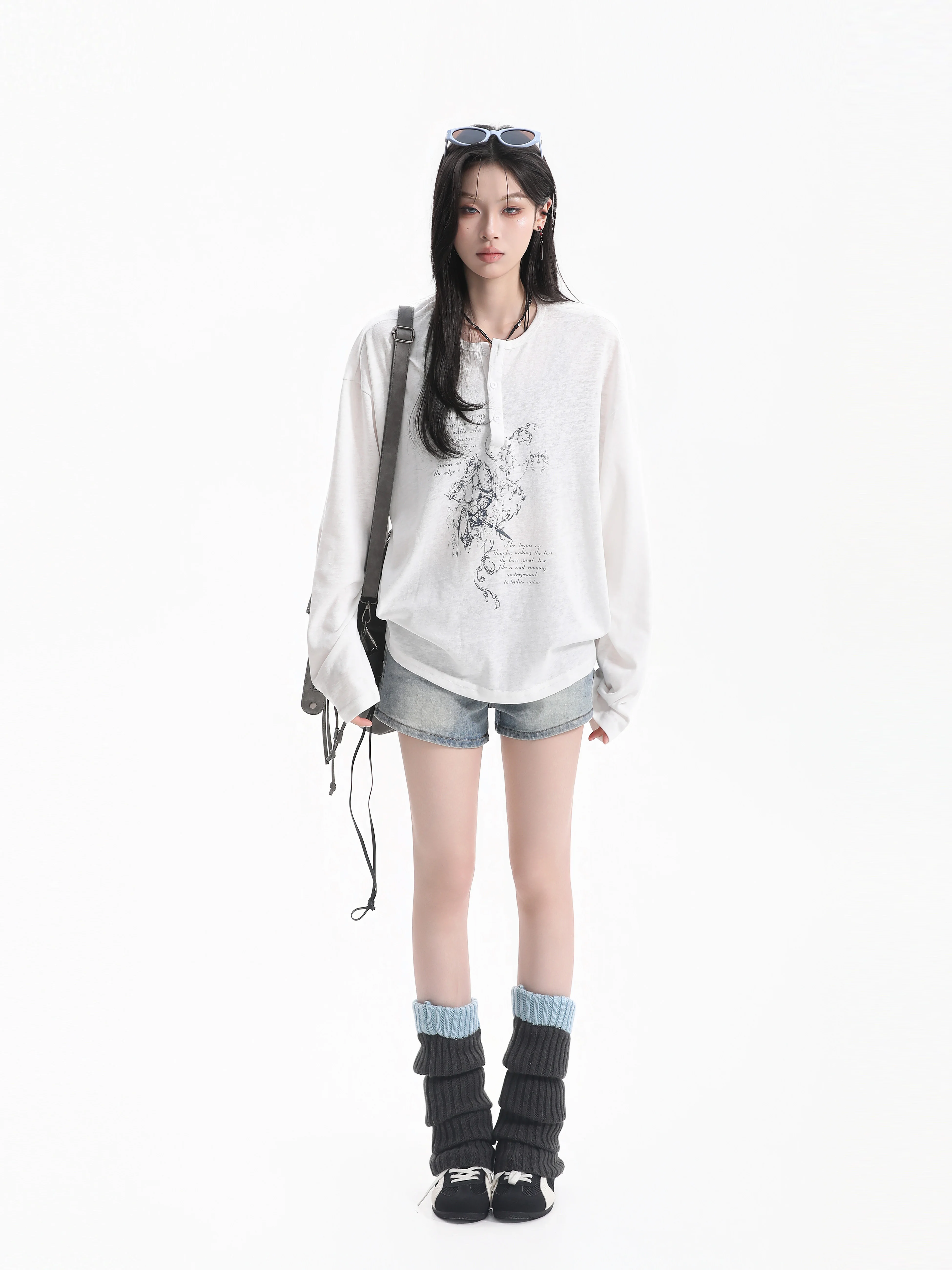 American Retro Knight Print Long Sleeve T-Shirt Loose Henry Collar Smock Early Autumn Casual Style Women's Fashion Cotton Blend