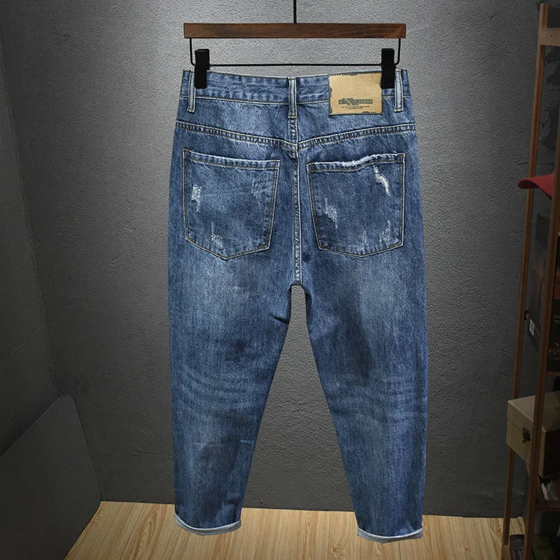 Men's Ripped Hole Patch Hip Hop Straight Jeans Retro Washed Blue Beggar Denim Harem Cropped Pants
