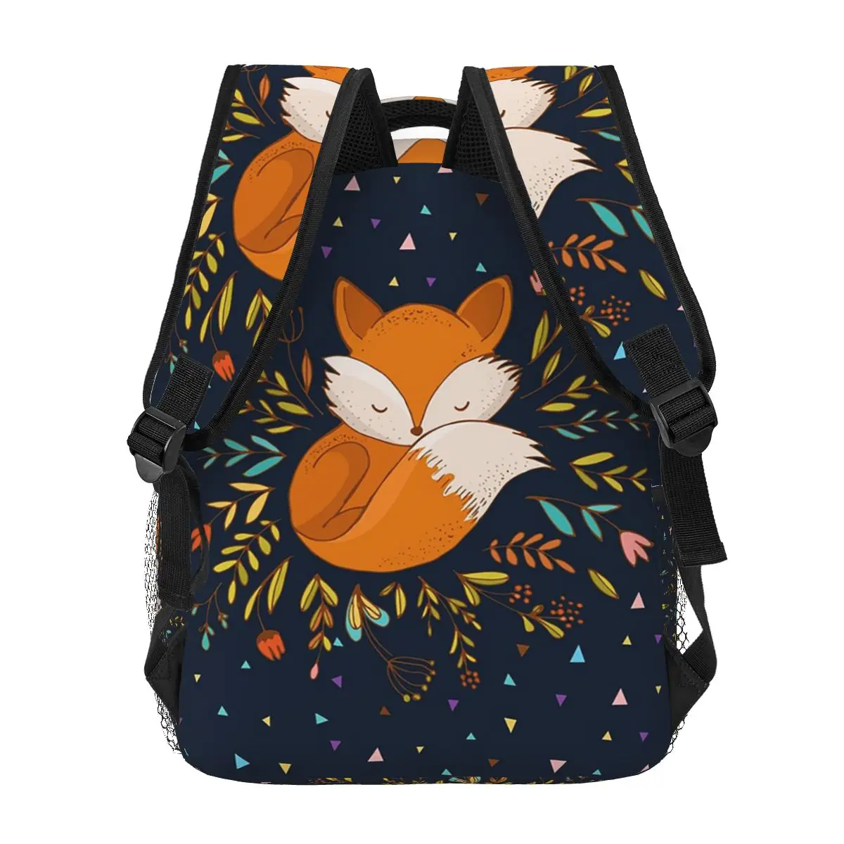 Cute Fox Flowers and Triangles Mochilas para meninos e meninas, crianças mochilas escolares, mochila dos desenhos animados, bolsa de ombro, mochila, grande capacidade