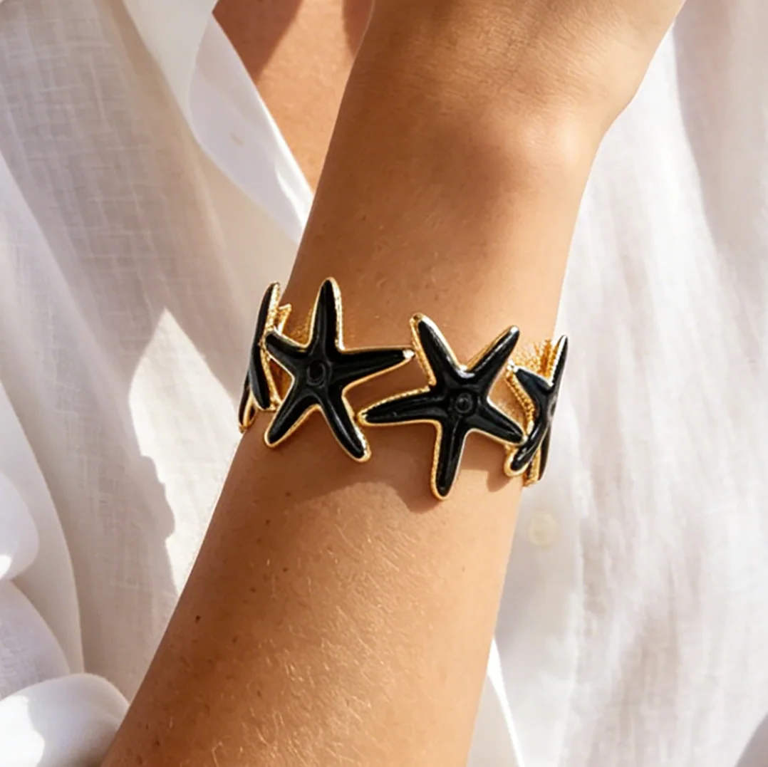 Gold Plated Starfish Open Bangle Women Colorful Enamel Sea Star Cuff Bracelet Marine Theme Summer Jewelry Lightweight Bold